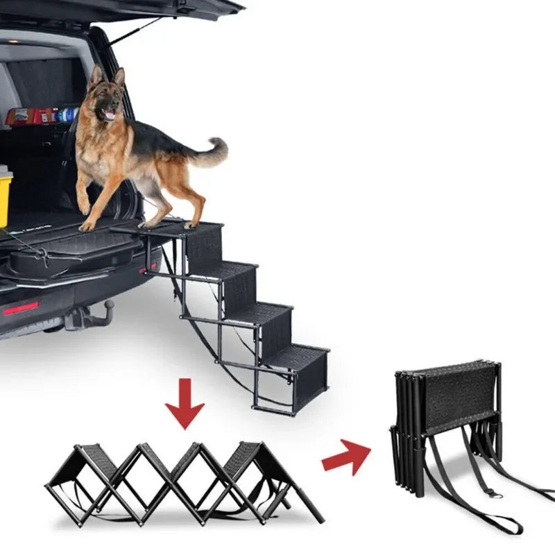 4-Step Folding Dog Car Stairs — Anti-Slip Die-Cast Metal Ramp for SUVs
