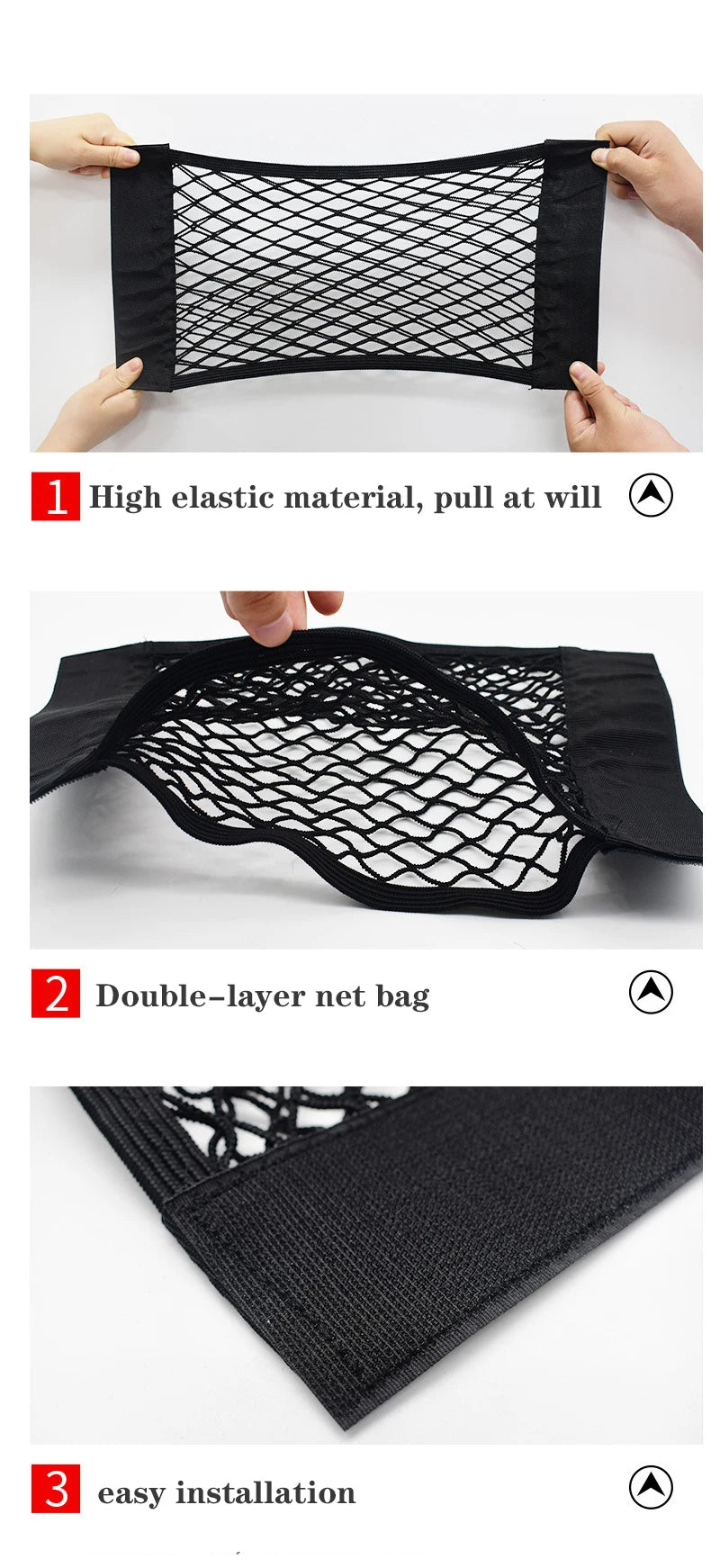 Car Seat Back Mesh Organizer — Elastic Net Pocket, Universal Sticker Mount