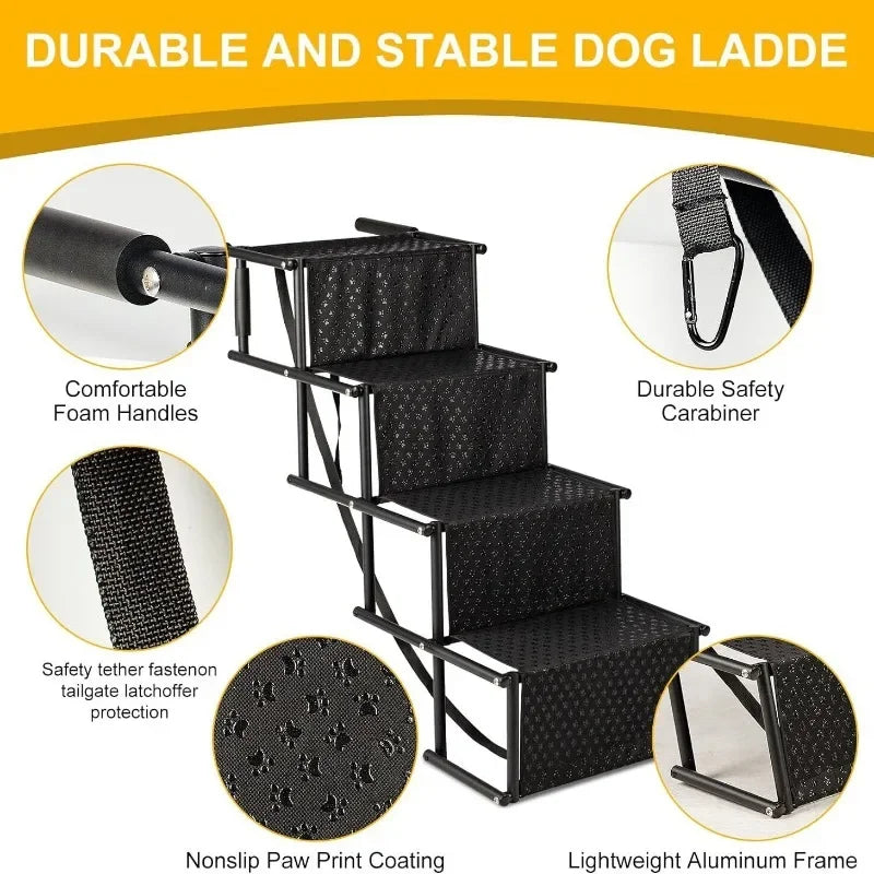 4-Step Folding Dog Car Stairs — Anti-Slip Die-Cast Metal Ramp for SUVs