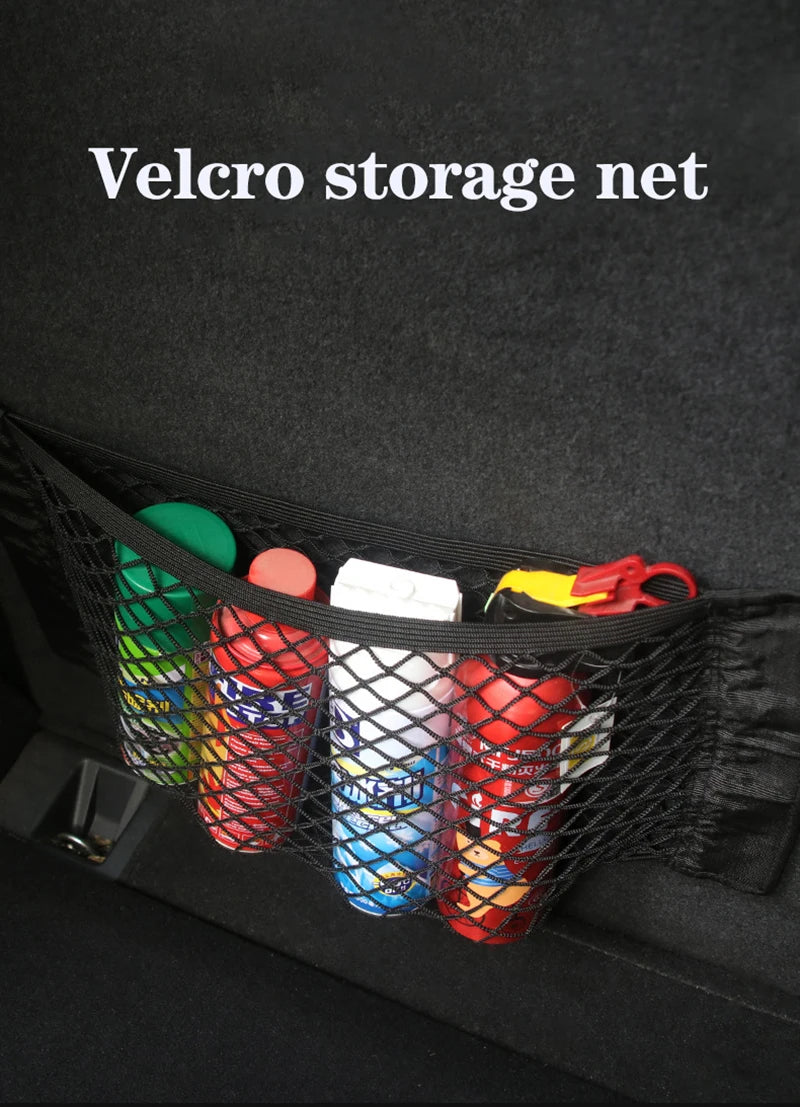 Car Seat Back Mesh Organizer — Elastic Net Pocket, Universal Sticker Mount