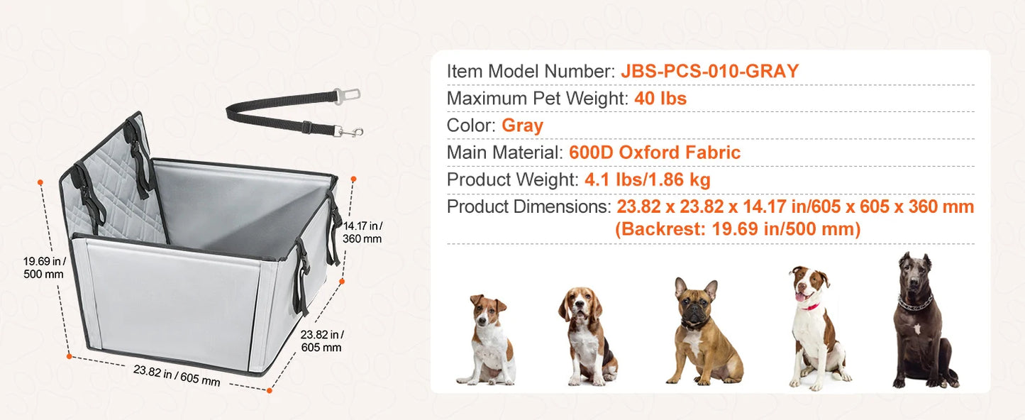 Waterproof Dog Car Booster Seat — Safety Leash Included, PP Cotton, All Sizes