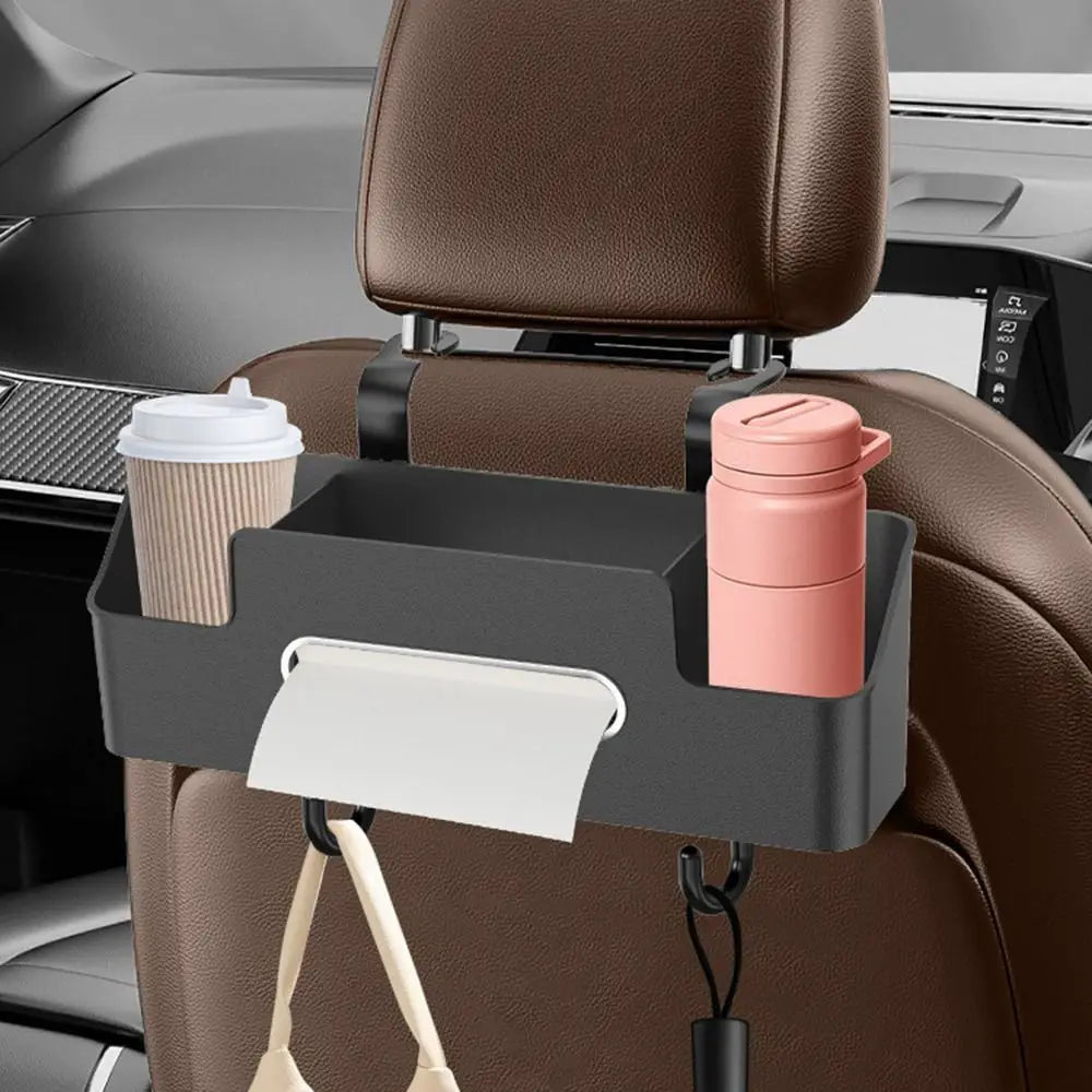 Car Headrest Organizer with Cup Holder & Phone Stand — Multi-Pocket Hanging Bag