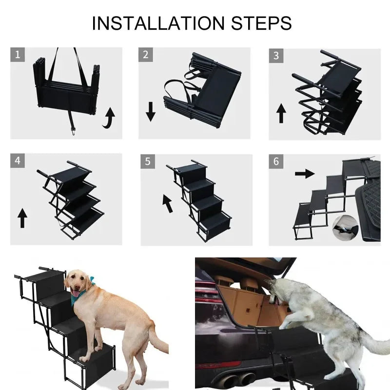 4-Step Folding Dog Car Stairs — Anti-Slip Die-Cast Metal Ramp for SUVs