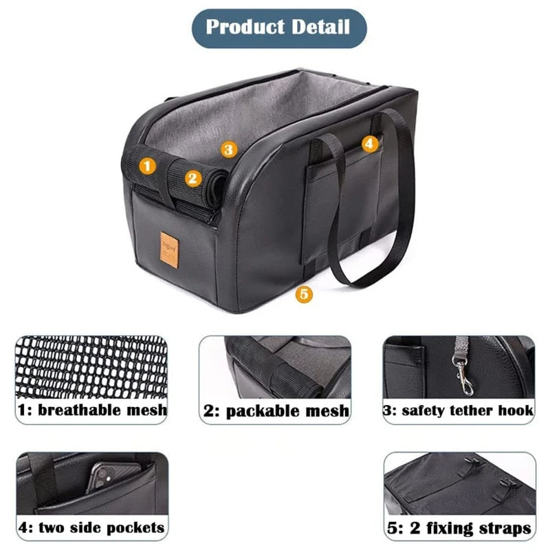 Small Dog Car Console Booster Seat — Removable Cushion, Breathable Mesh