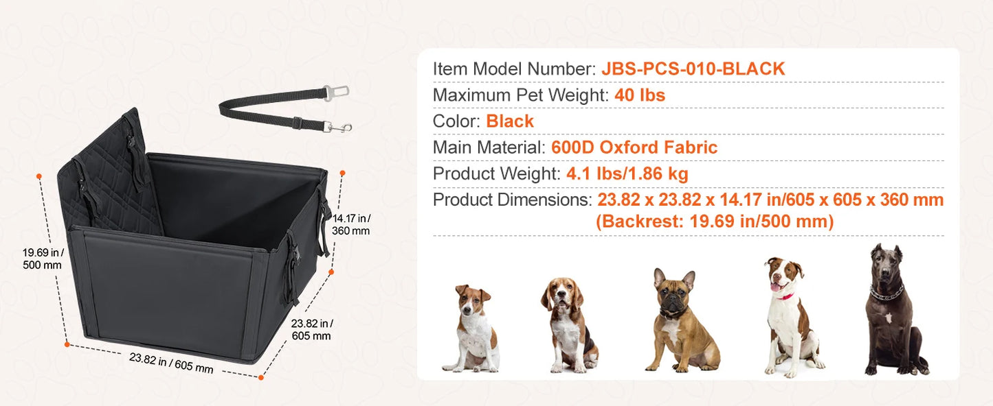 Waterproof Dog Car Booster Seat — Safety Leash Included, PP Cotton, All Sizes