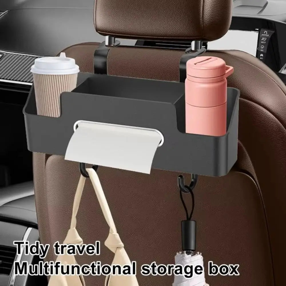 Car Headrest Organizer with Cup Holder & Phone Stand — Multi-Pocket Hanging Bag