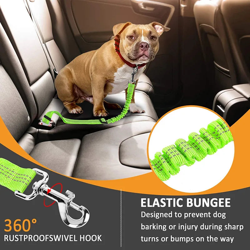 Reflective Dog Car Seat Belt with Elastic Traction Rope — Adjustable Safety Clip