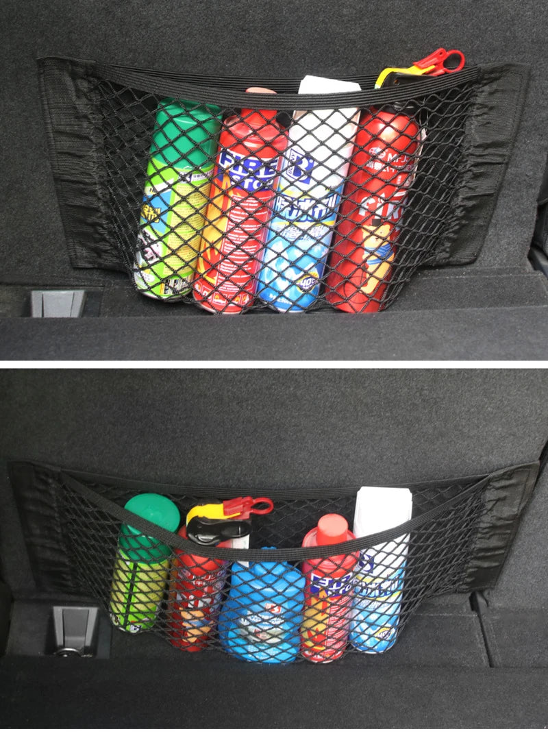 Car Seat Back Mesh Organizer — Elastic Net Pocket, Universal Sticker Mount