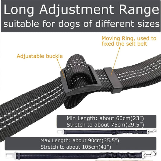 Nylon Dog Seat Belt Harness with Bungee Buffer — Reflective, Multiple Sizes