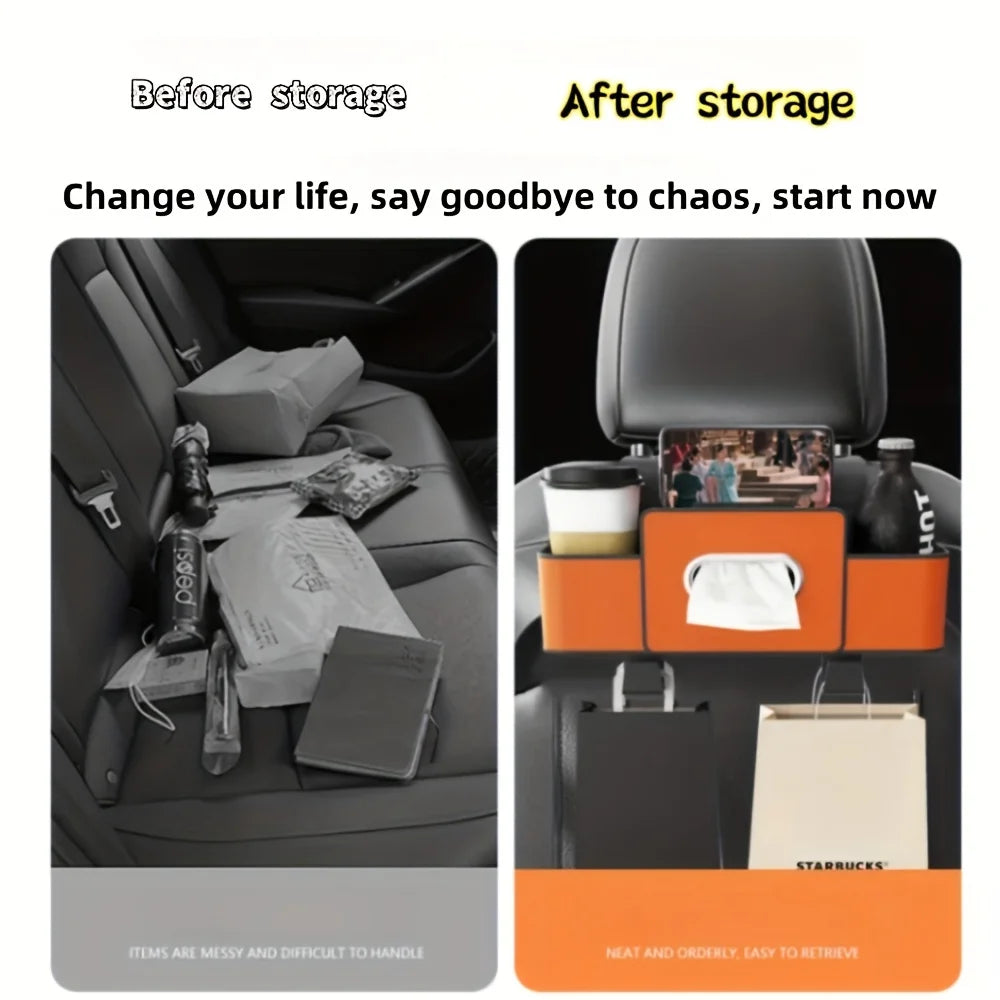 Car Seat Organizer with Cup Holder & ABS Tissue Box — Durable, All Cars