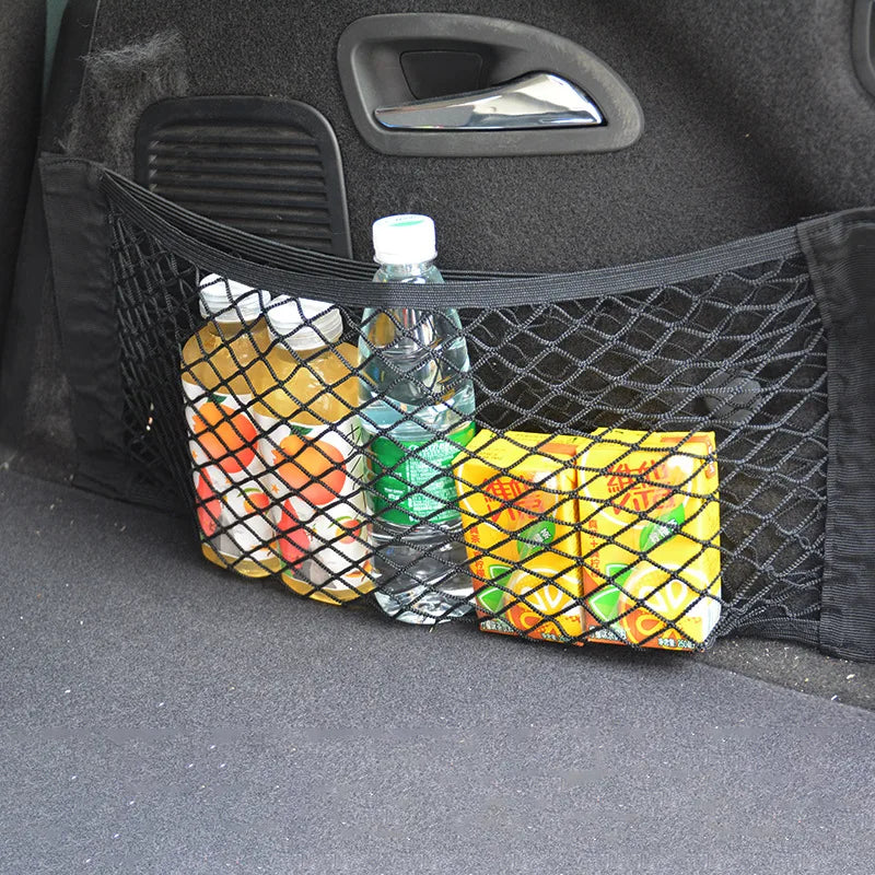 Car Seat Back Mesh Organizer — Elastic Net Pocket, Universal Sticker Mount