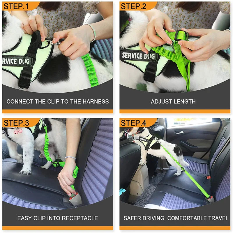 Reflective Dog Car Seat Belt with Elastic Traction Rope — Adjustable Safety Clip