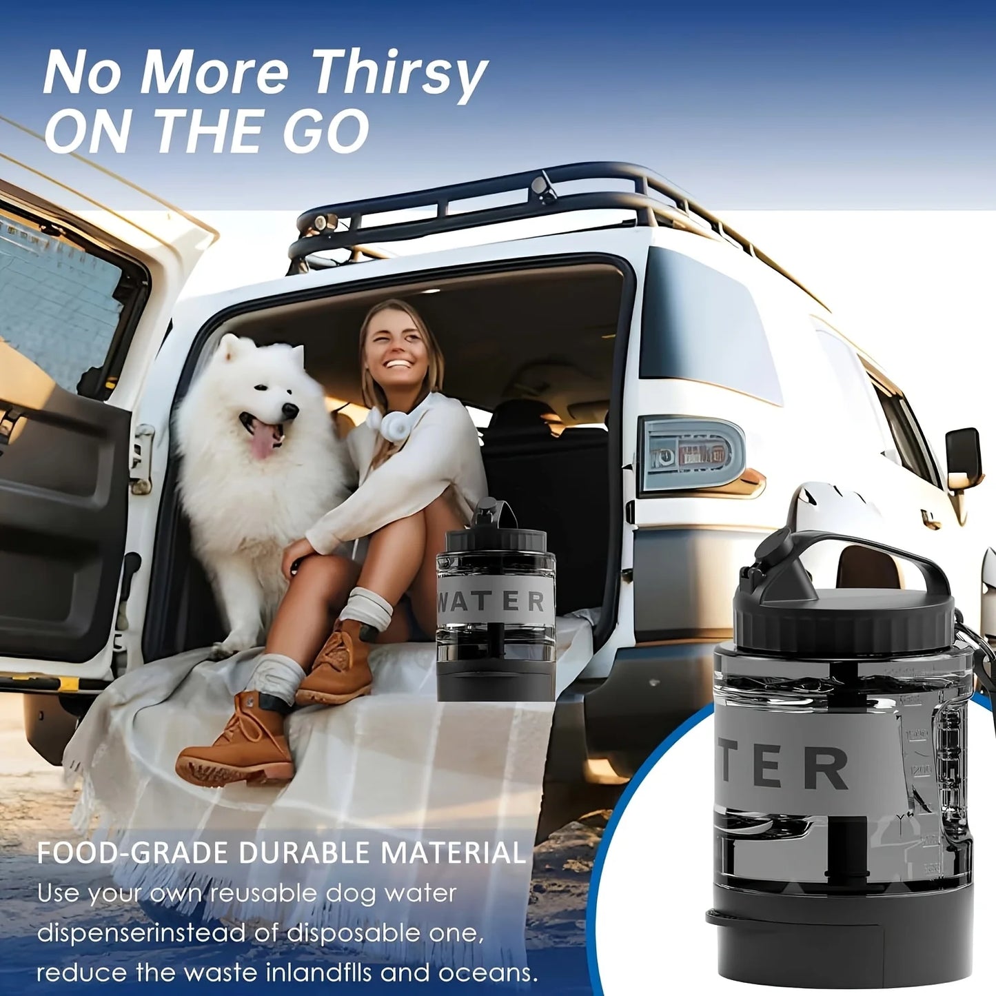 Large Dog Travel Water Bottle — 74oz Leakproof Built-In Bowl for Hiking & Camping