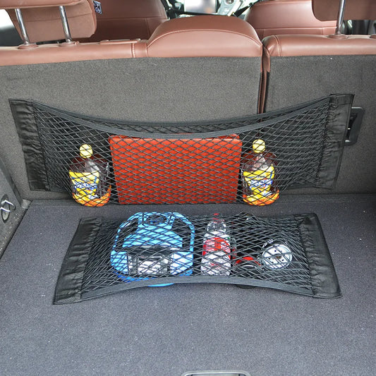Car Seat Back Mesh Organizer — Elastic Net Pocket, Universal Sticker Mount