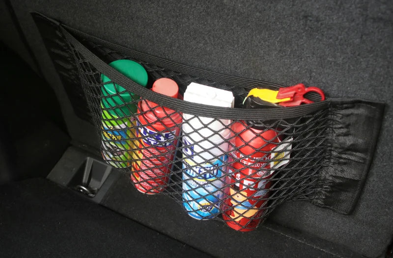 Car Seat Back Mesh Organizer — Elastic Net Pocket, Universal Sticker Mount