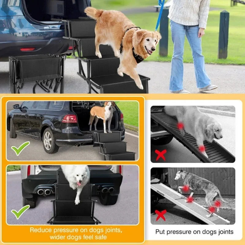 4-Step Folding Dog Car Stairs — Anti-Slip Die-Cast Metal Ramp for SUVs