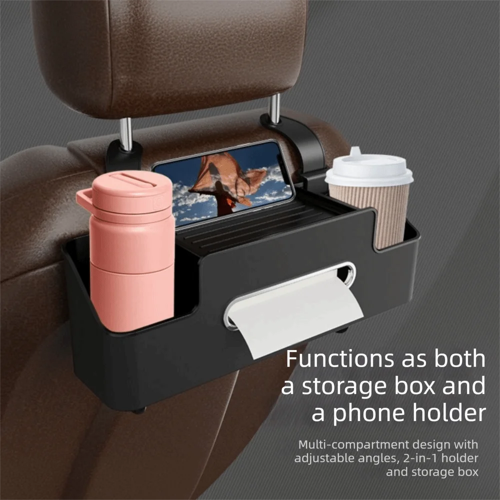 Car Headrest Organizer with Cup Holder & Phone Stand — Multi-Pocket Hanging Bag