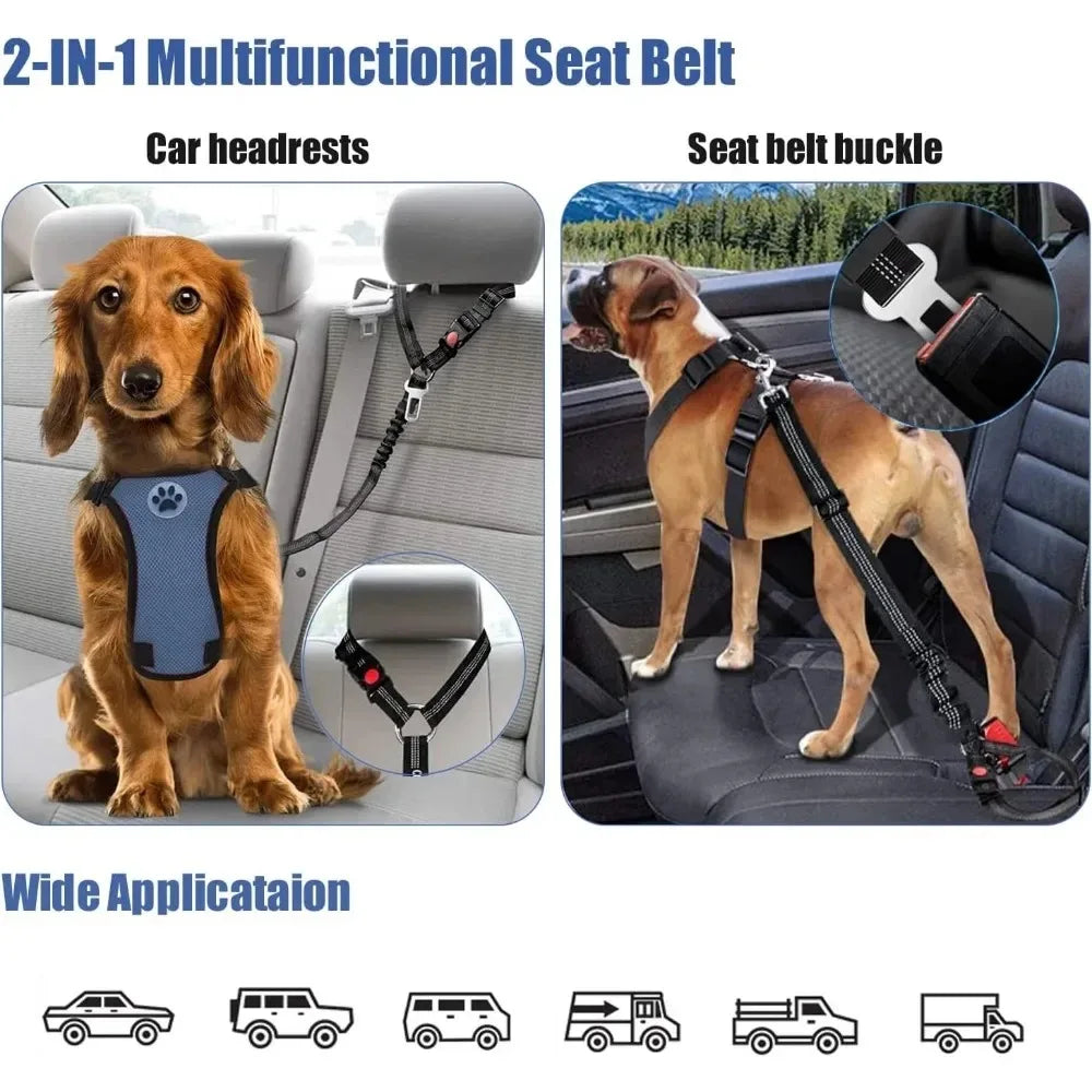 2-in-1 Dog Car Seat Belt with Headrest Restraint — Reflective Safety Leash