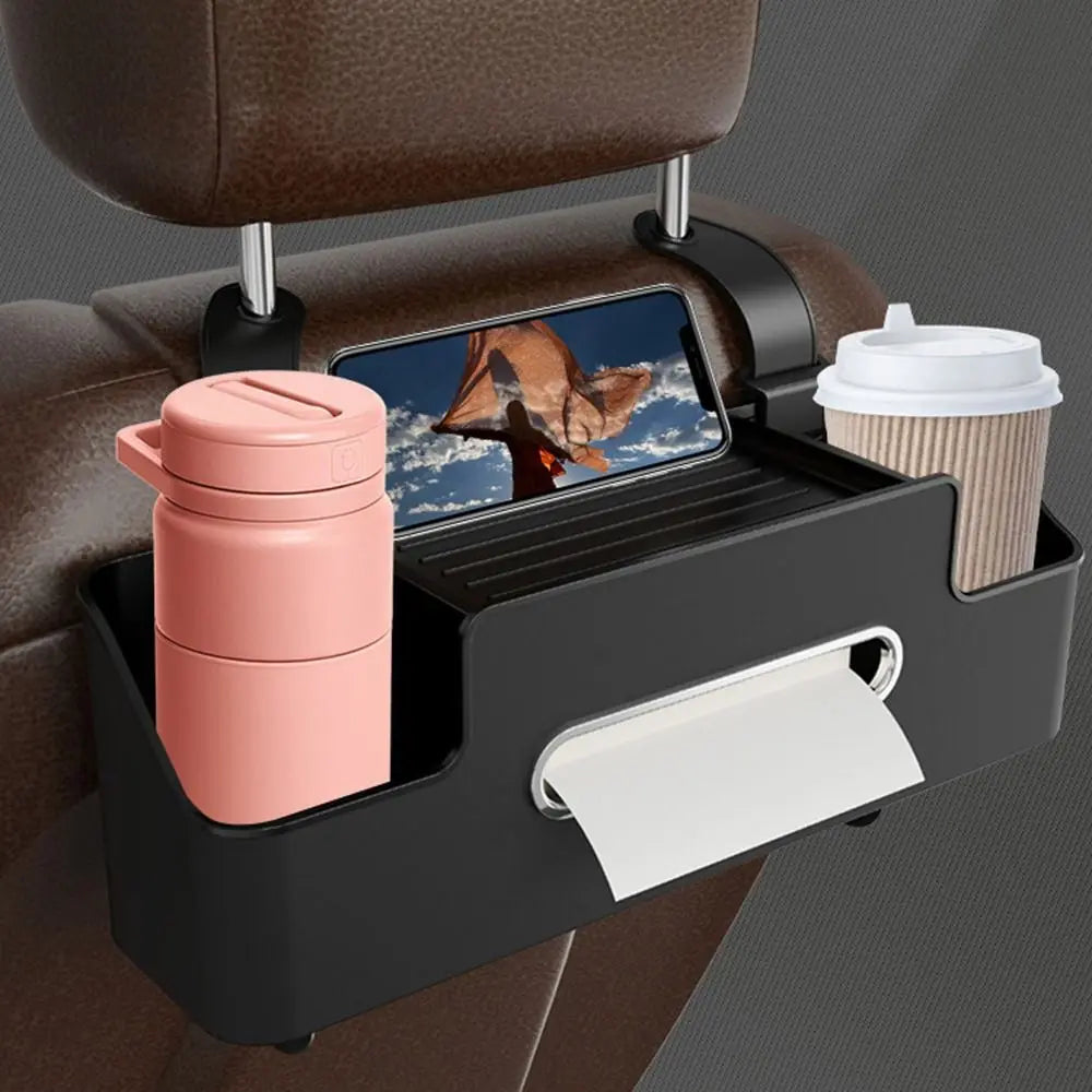 Car Headrest Organizer with Cup Holder & Phone Stand — Multi-Pocket Hanging Bag