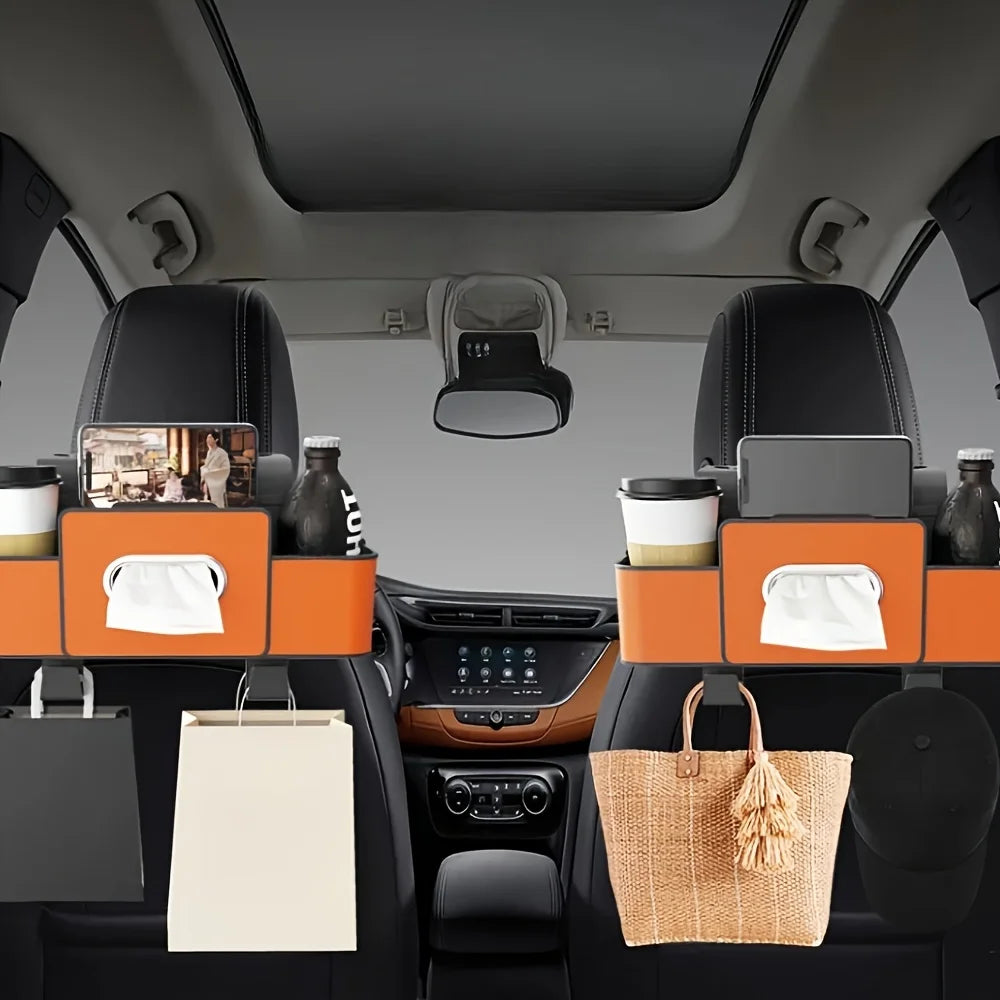 Car Seat Organizer with Cup Holder & ABS Tissue Box — Durable, All Cars