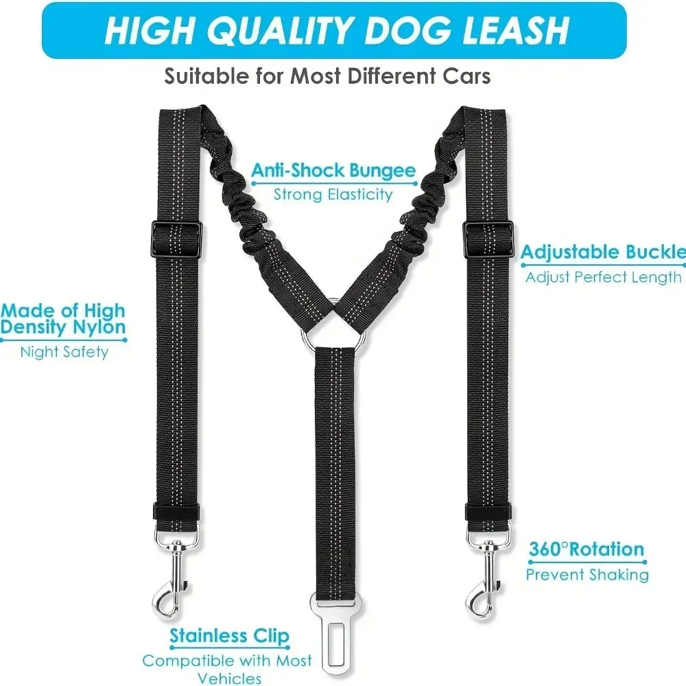 Dual Dog Car Safety Belt with Shock Absorber — For Two Dogs