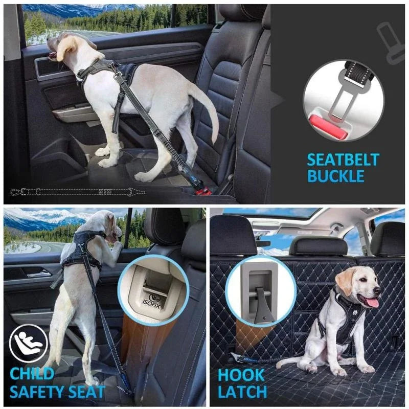 Heavy-Duty Reflective Dog Car Safety Leash — Adjustable Nylon Harness Belt