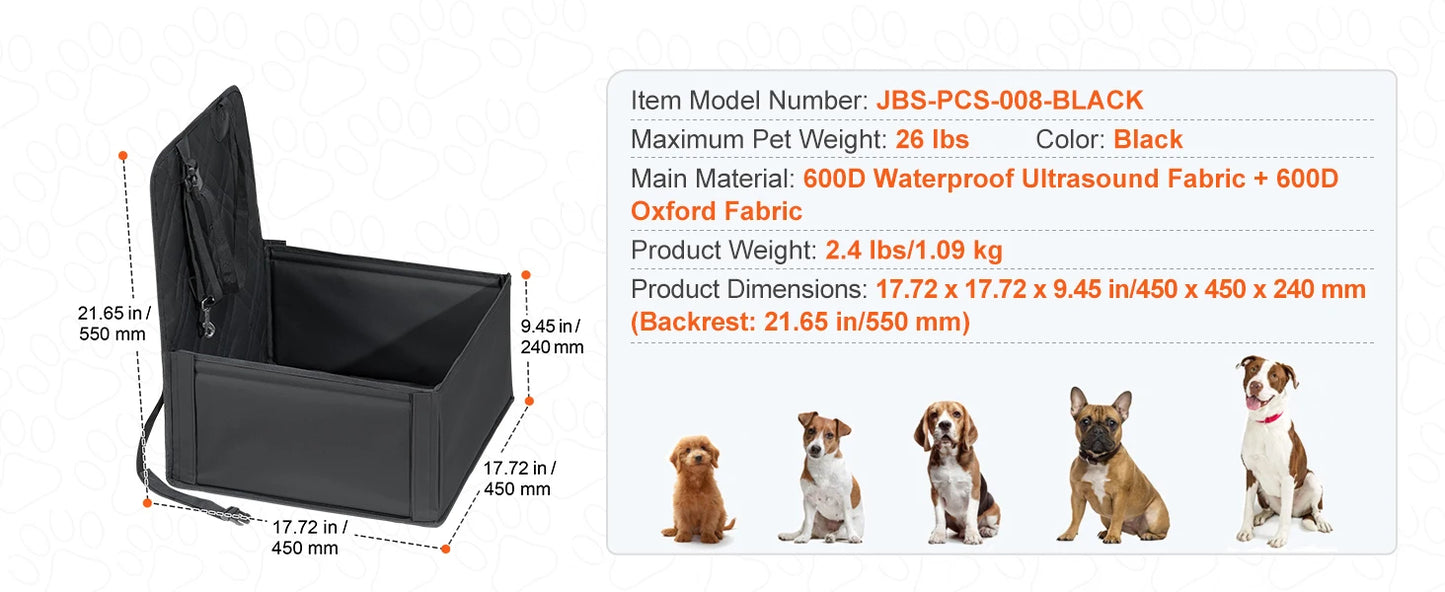 Waterproof Dog Car Booster Seat — Safety Leash Included, PP Cotton, All Sizes