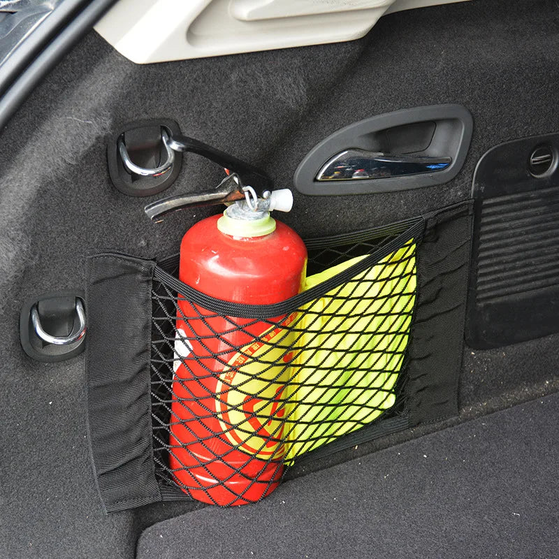 Car Seat Back Mesh Organizer — Elastic Net Pocket, Universal Sticker Mount
