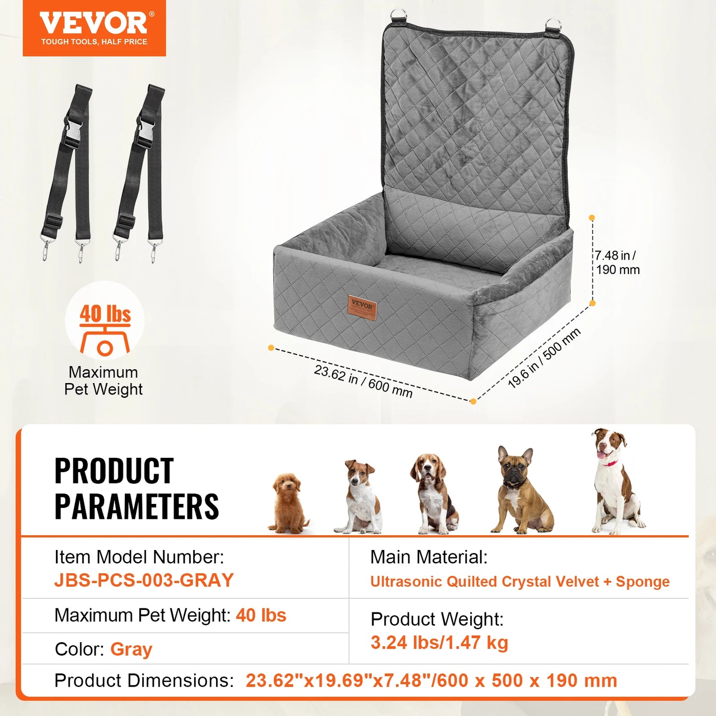 Waterproof Dog Car Booster Seat — Safety Leash Included, PP Cotton, All Sizes