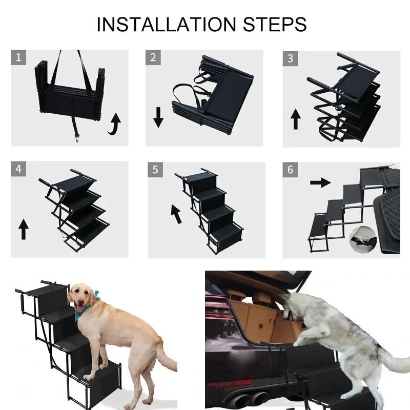 4-Step Folding Dog Car Stairs — Anti-Slip Die-Cast Metal Ramp for SUVs