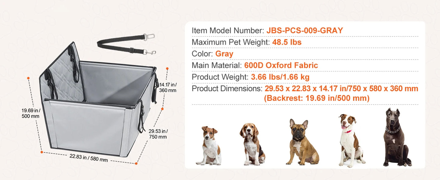 Waterproof Dog Car Booster Seat — Safety Leash Included, PP Cotton, All Sizes