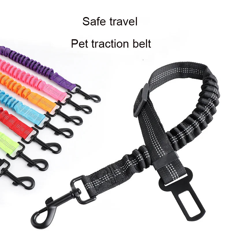 Reflective Dog Car Seat Belt with Elastic Traction Rope — Adjustable Safety Clip