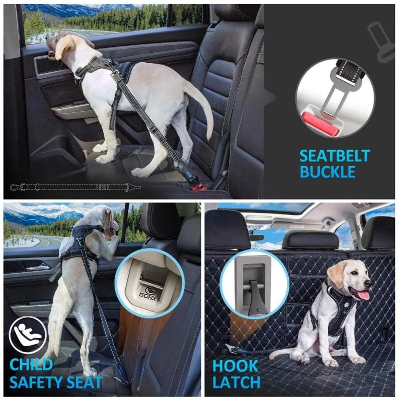 Heavy-Duty Reflective Dog Car Safety Leash — Adjustable Nylon Harness Belt