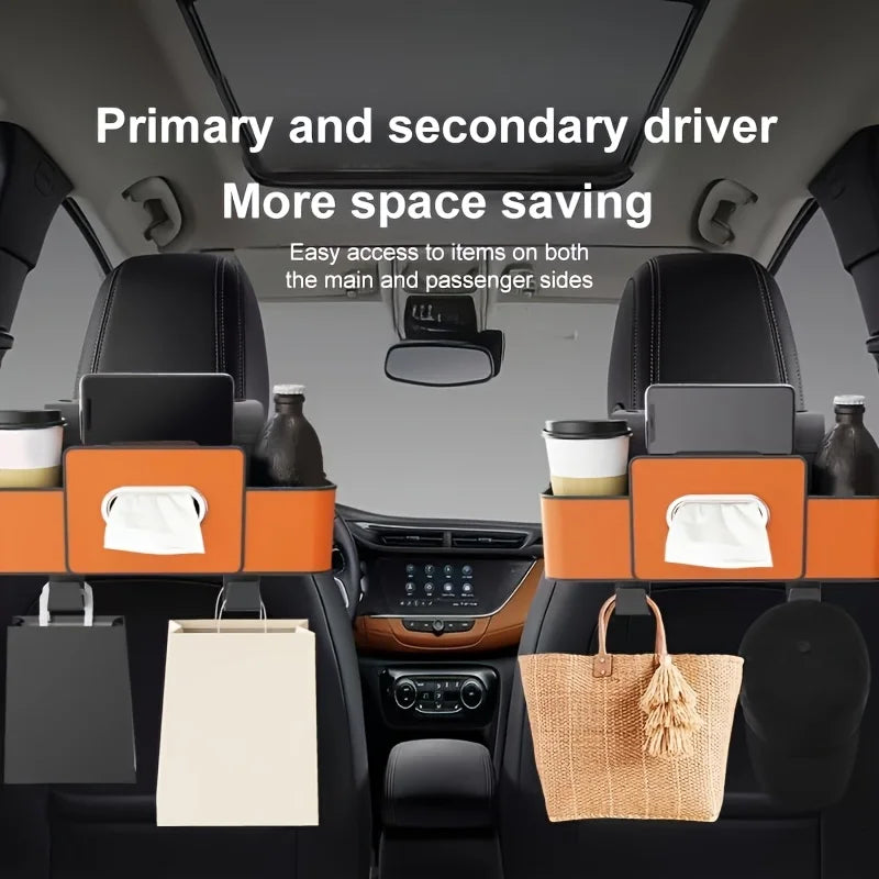 Car Seat Organizer with Cup Holder & ABS Tissue Box — Durable, All Cars
