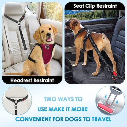 Reflective Dog & Cat Car Safety Belt — Adjustable Collar Leash with Traction Rope