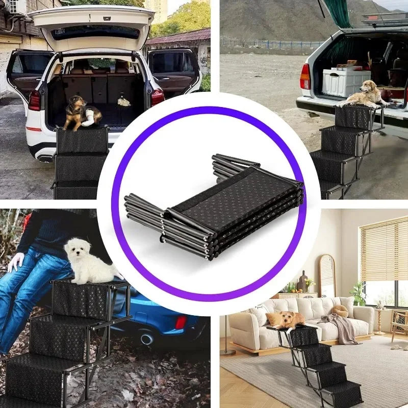 4-Step Folding Dog Car Stairs — Anti-Slip Die-Cast Metal Ramp for SUVs