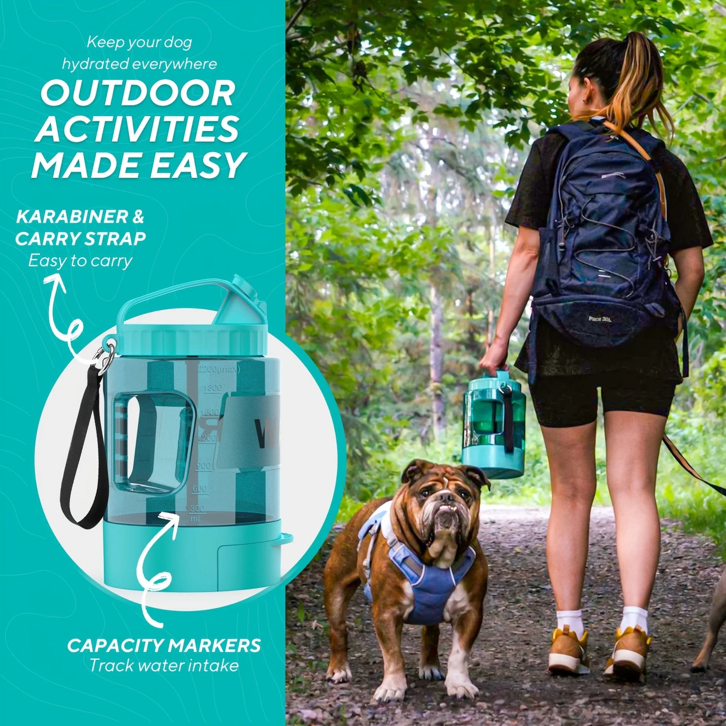 Large Dog Travel Water Bottle — 74oz Leakproof Built-In Bowl for Hiking & Camping