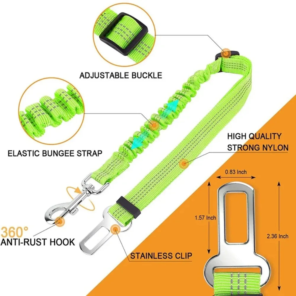 Reflective Dog Car Seat Belt with Bungee — Adjustable Heavy-Duty Nylon Harness