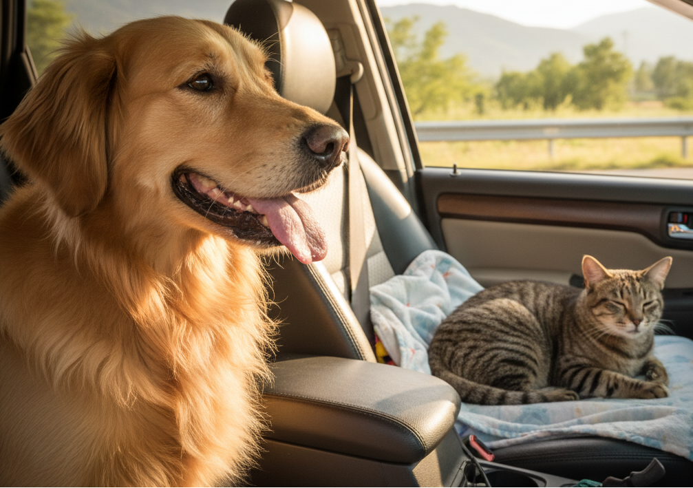 Perro y gato disfrutando dentro de un automóvil